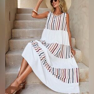 Striped Tiered Maxi Dress in White with Multicolor Stripes NWT